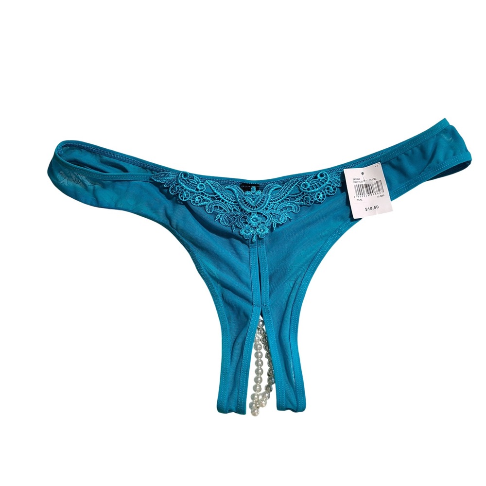 Fredericks of‎ Hollywood Saskia Pearl Thong Teal Blue Mesh XL/XXL Womens Panties